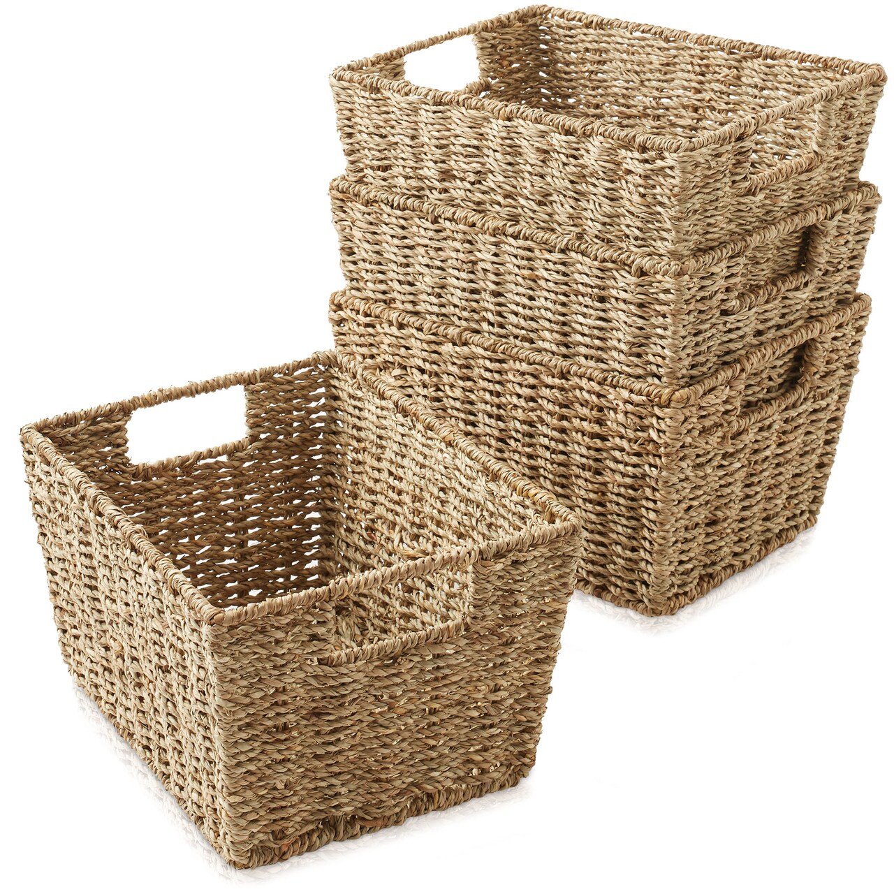 Casafield Set of 4 Water Hyacinth Storage Baskets with Handles, Woven Rectangular Storage Bins for Shelves, Blankets, Laundry Organization